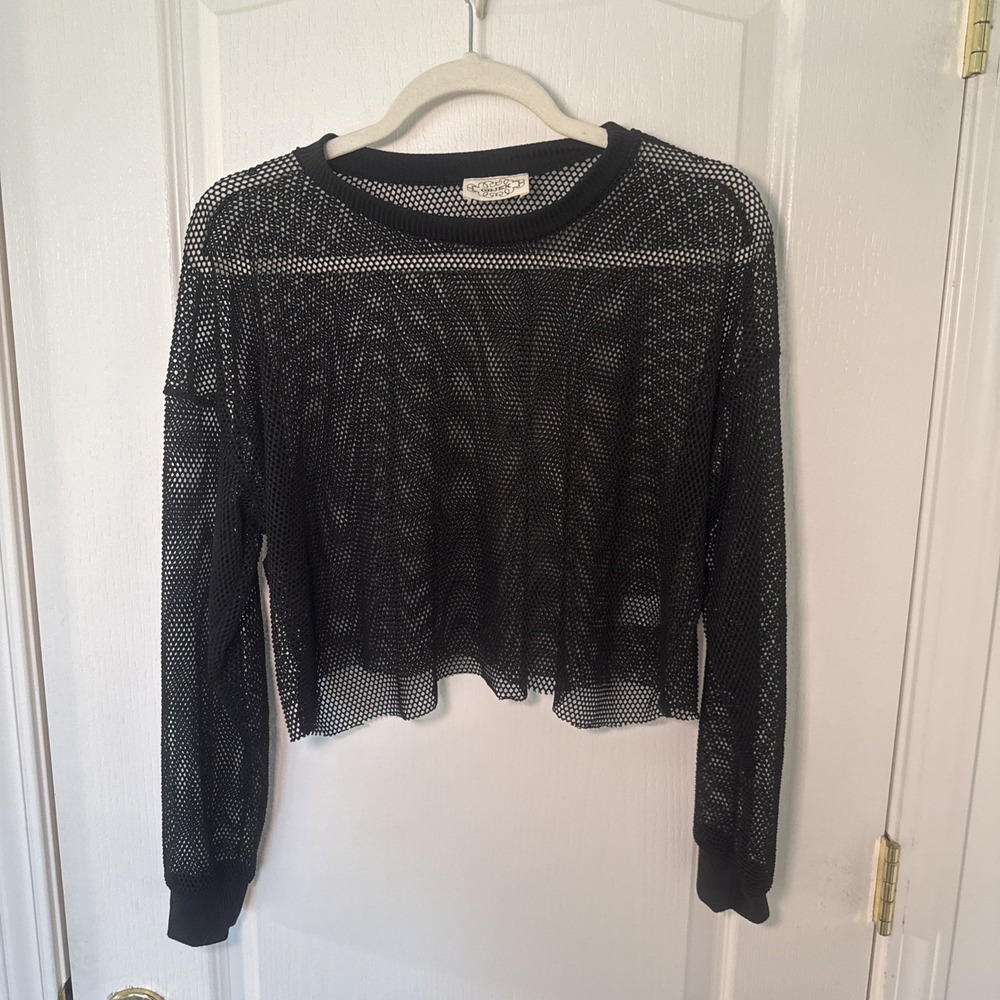 Objex Black Fishnet Mesh Crop Top M Long Sleeve Sheer Y2K Grunge Festival